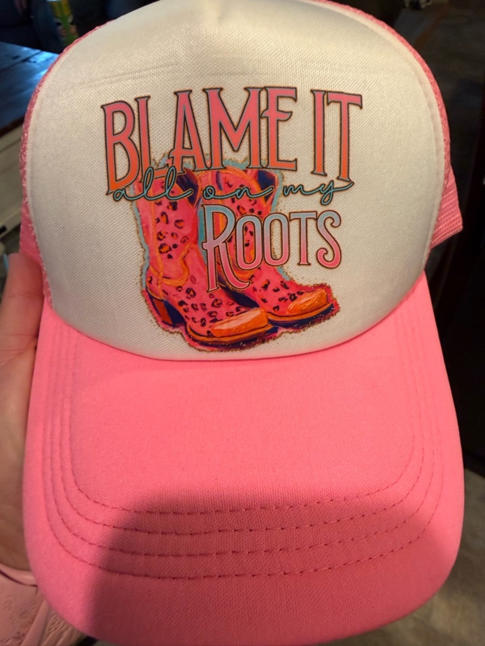 Pink "Blame It All On My Roots" Trucker Hat